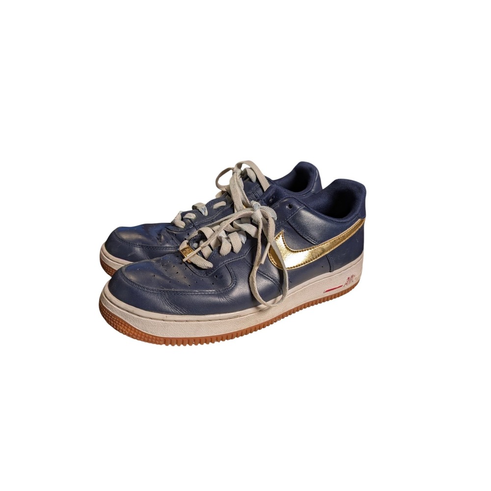 Nike Air Force 1 Low Navy Blue Metallic Gold Gum Sole 488298-408 Mens 7.5
